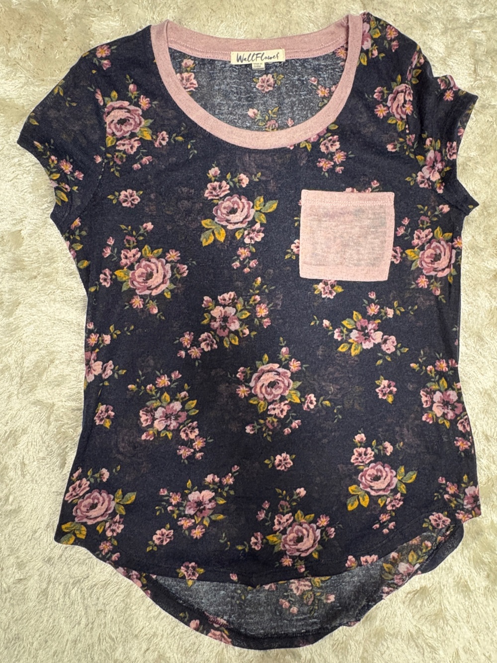 Wallflower Women’s / Juniors Navy w/ Pink Floral Cap Sleeve